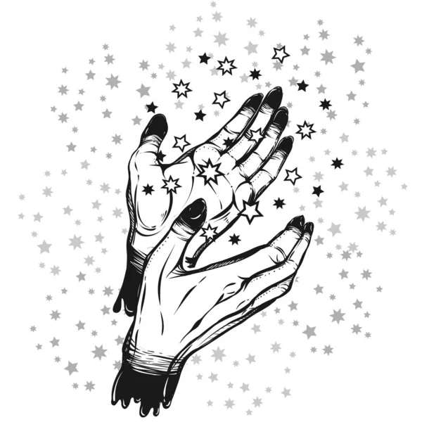 Ilustración Vectorial Magia Las Manos Estrellas Hecho Mano Estampados Camisetas — Vector de stock