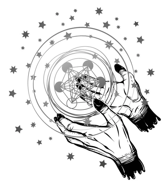 Векторная Иллюстрация Магия Руках Сфера Отпечатки Футболках Татуировки Ручная Работа — стоковый вектор