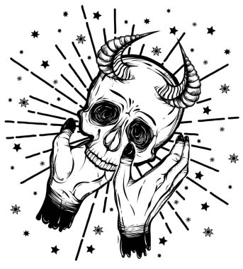 Vektör çizimi. Boynuzlu kafatası, etrafta yıldızlar, mistisizm. arka plan beyaz. El yapımı, tişörtlerdeki parmak izleri, dövmeler.