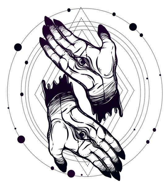 ベクトルイラスト 目で手を 神秘主義 手作り タトゥー Tシャツにプリント 背景色は白黒紫 — ストックベクタ