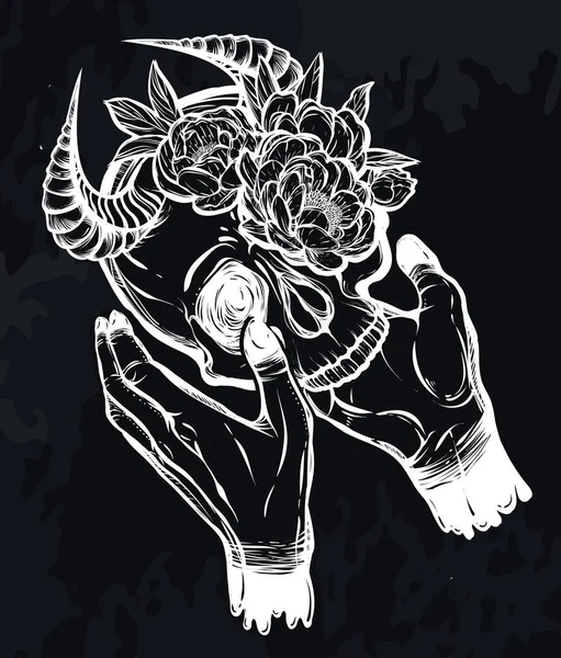 Illustration Vectorielle Crâne Avec Cornes Dans Les Mains Pivoines Fleurs — Image vectorielle