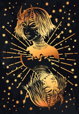 Vektör çizimi. Şeytan, boynuzlu kızlar, ikizler. El yapımı, tişörtlerdeki parmak izleri, dövmeler, arka plan tahtası, altın rengi.