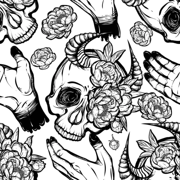 Ilustração Vetorial Crânio Com Chifres Nas Mãos Flores Peônias Misticismo —  Vetores de Stock