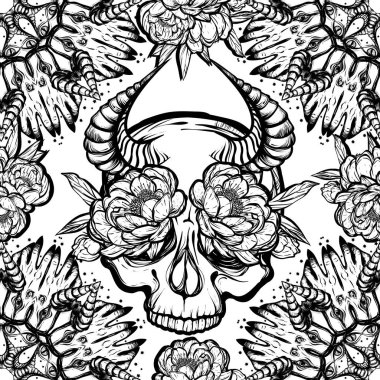 Vektör çizimi, Mandala. Dairesel desen. Sihir, eller, gözler. Boynuzlu kafatası. Şakayık çiçekleri, tişörtlerde parmak izleri. Kusursuz desen, açık arkaplan. El yapımı.