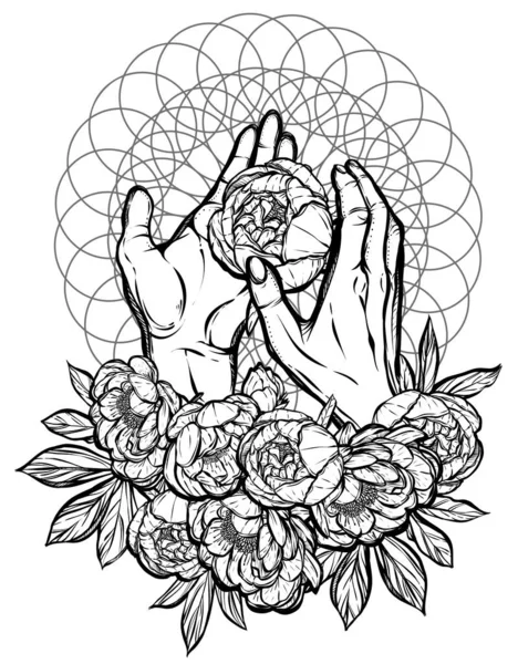 Illustration Vectorielle Pivoines Dans Les Mains Empreintes Sur Shirts Tatouages — Image vectorielle