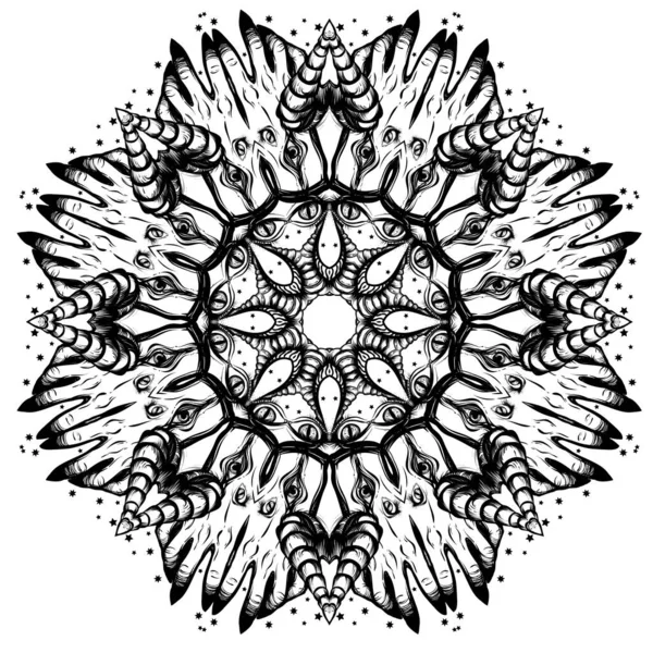 Mandala Illustration Vectorielle Motif Circulaire Magie Mains Yeux Imprimés Sur — Image vectorielle