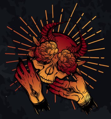 Vektör çizimi. Boynuzlu kafatası, gözleri olan şeytani eller, şakayık çiçekleri, mistisizm. El yapımı, tişörtlerde parmak izleri. arkaplan tahtası, Kırmızı Sarı renk