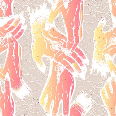 Vektör çizimi. Gözleri olan eller, mistisizm. Tişörtlerdeki parmak izleri. Kusursuz bir desen, karanlık bir arka plan. El yapımı, pembe sarı renk.