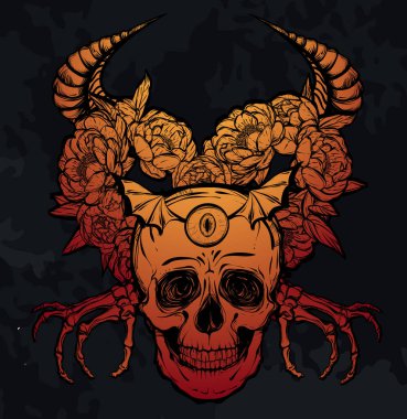 Vektör çizimi. Şakayık çiçekleri, gözler, boynuzlar, kafatası, mistisizm çelenkleri. El yapımı, tişörtlerde parmak izleri. arkaplan tahtası, Kırmızı Sarı renk