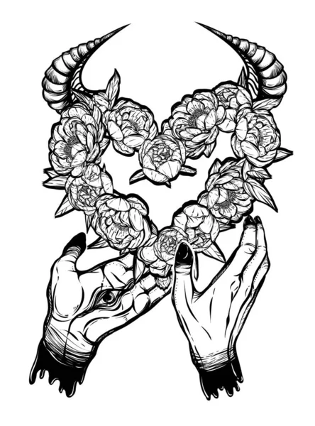 Illustration Vectorielle Mains Démoniaques Avec Yeux Couronne Pivoines Fleurs Mysticisme — Image vectorielle