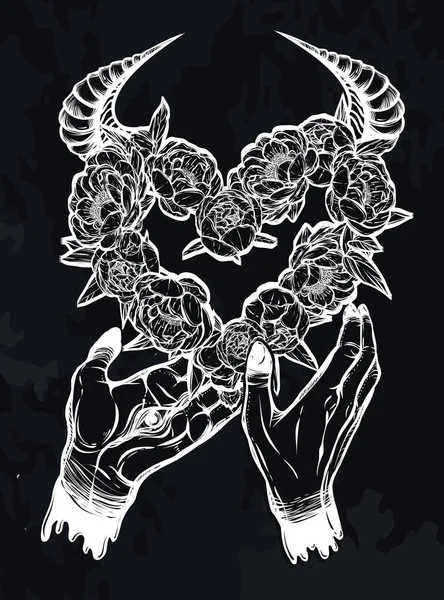 Vector Illustratie Demonische Handen Met Ogen Krans Van Pioenrozen Bloemen — Stockvector