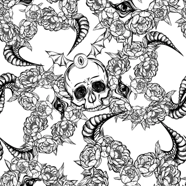 Vektör Çizimi Şakayık Çiçekleri Gözler Boynuzlar Kafatası Mistisizm Çelenkleri Yapımı — Stok Vektör