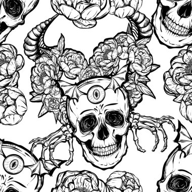 Vektör çizimi. Şakayık çiçekleri, gözler, boynuzlar, kafatası, mistisizm, dövmeler. El yapımı, tişörtlerde parmak izleri. Kusursuz desen, hafif arkaplan