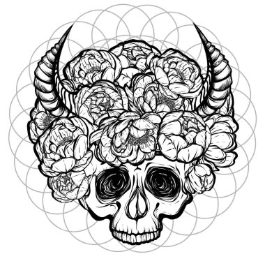 Vektör çizimi. Şakayık çiçekleri, gözler, boynuzlar, kafatası, mistisizm, dövmeler, tişörtlerdeki parmak izleri. arka plan beyaz. El yapımı.