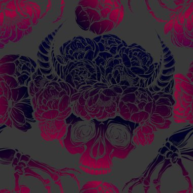 Vektör çizimi. Şakayık çiçekleri, gözler, boynuzlar, kafatası, mistisizm, tişörtlerdeki parmak izleri. arka plan beyaz. El yapımı. Kusursuz desen, gri arka plan, mor pembe renk.