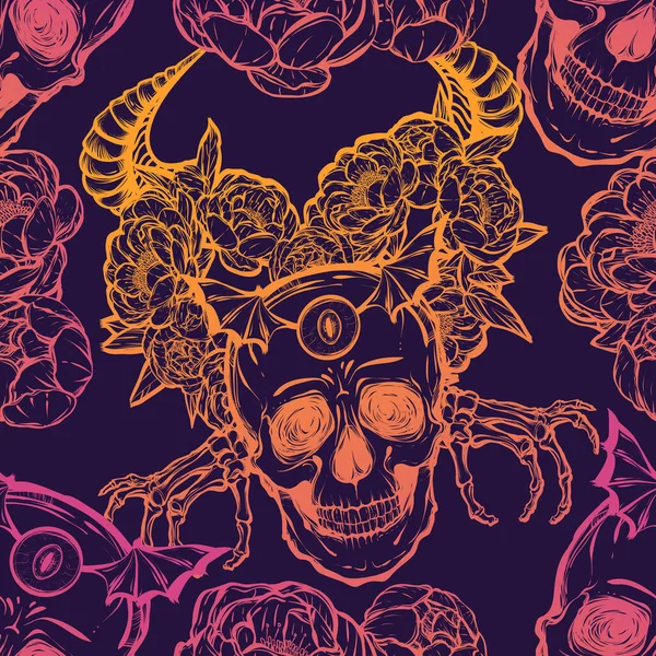 Vector Illustratie Krans Van Pioenbloemen Ogen Hoorns Schedel Mystiek Tatoeages — Stockvector