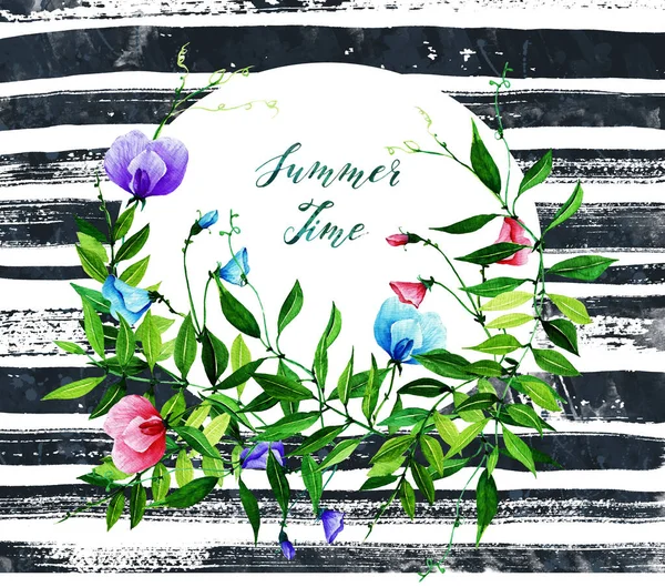 Aquarell Illustration Sommerzeit Erbse Knospen Blätter Blumen Handgemacht Karte Für — Stockfoto