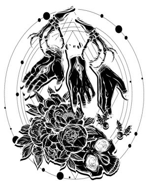 Vektör çizimi. Kemikler, kafatası, şakayık buketi, gözleri olan eller, mistisizm. Tişörtlerdeki parmak izleri, dövmeler. arkaplan beyaz, siyah renk