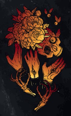 Vektör çizimi. Gözleri, kemikleri, kafatası, şakayık buketi, mistisizm. Tişörtlerdeki parmak izleri, dövmeler. arkaplan tahtası, Kırmızı Sarı renk