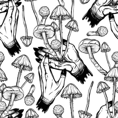 Vektör çizimi. Elden çıkan mantarlar, mistisizm, tişörtlerde parmak izleri. El yapımı, pürüzsüz desen, açık arkaplan