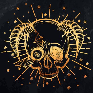 Vektör çizimi. Gözler, boynuzlar, kafatası, mistisizm, dövmeler. El yapımı, tişörtlerdeki parmak izleri, arkaplan tahtası, altın rengi.