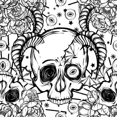 Vektör çizimi. Şakayık çiçekleri, gözler, boynuzlar, kafatası, mistisizm. El yapımı, tişörtlerdeki parmak izleri, kusursuz desen, açık arkaplan.