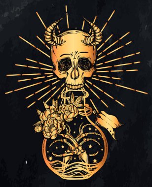 Vektör çizimi. Bir şişe iksir, boynuzlu kafatası, mistisizm, arka plan tahtası, altın rengi. El yapımı, tişörtlerdeki parmak izleri.