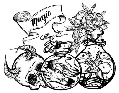 Vektör çizimi. İksir şişeleri, boynuzlu kafatası, gözleri olan eller, kemikler, mistisizm, dövmeler. El yapımı, tişörtlerdeki parmak izleri, arka plan beyazı.