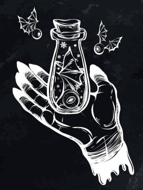 Vektör çizimi. Bir şişe iksir, gözler, kanatlar, eller, mistisizm, tişörtlerdeki parmak izleri. El yapımı, arka plan yazı tahtası, dövmeler.