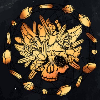 Vektör çizimi. Kristalli kafatası, kutsal geometri, mistisizm, dövmeler. El yapımı, tişörtlerdeki parmak izleri, arkaplan tahtası, altın rengi.