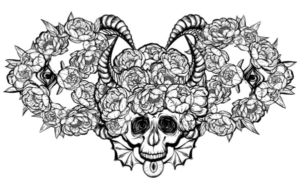 Ilustracja Wektora Wieniec Kwiatów Piwonii Oczu Rogów Czaszki Mistycyzmu Tatuaży — Wektor stockowy