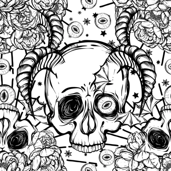 Ilustración Vectorial Flores Peonía Ojos Cuernos Cráneo Misticismo Hecho Mano — Vector de stock