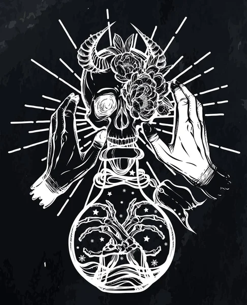 Illustration Vectorielle Bouteille Potion Crâne Avec Cornes Mains Mysticisme Tatouages — Image vectorielle