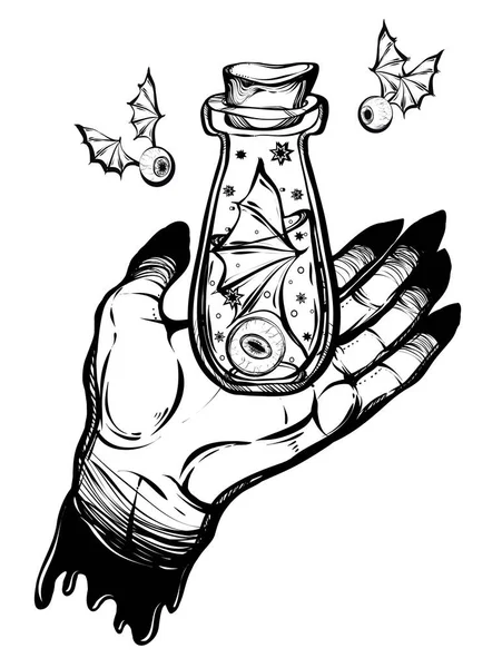 Ilustración Vectorial Botella Poción Ojos Alas Manos Misticismo Tatuajes Hecho — Archivo Imágenes Vectoriales