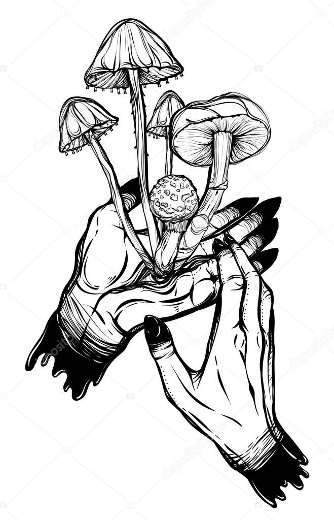 Vector illustration. Mushrooms growing from the hand, mysticism, prints on T-shirts, tattoos. Handmade. background white