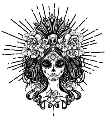 Vektör çizimi. Dia de los muertos, sihir, ölü yüzlerin olduğu gün, kız, mistisizm, dövmeler. El yapımı, tişörtlerdeki parmak izleri, arka plan beyazı.