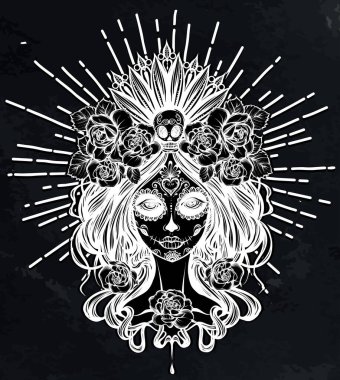 Vektör çizimi. Dia de los muertos, sihir, ölü yüzlerin olduğu gün, kız, mistisizm, dövmeler. El yapımı, tişörtlerdeki parmak izleri, arka plan tahtası.