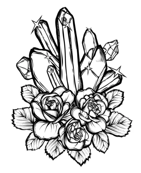 Ilustracja Wektora Kryształy Bukiet Róż Mistycyzm Tatuaże Ręcznie Robione Druki — Wektor stockowy