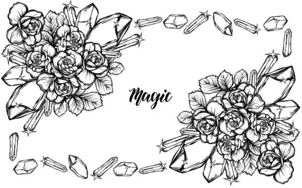 Illustration Vectorielle Mysticisme Cristaux Bouquet Roses Fond Blanc Fait Main — Image vectorielle