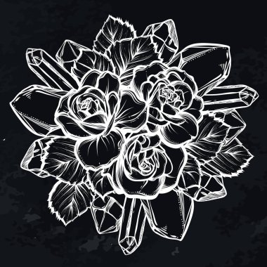 Vektör illüstrasyonu, mistisizm, bir buket gül. Kristaller, arka plan tahtası. El yapımı, tişörtlerdeki parmak izleri.