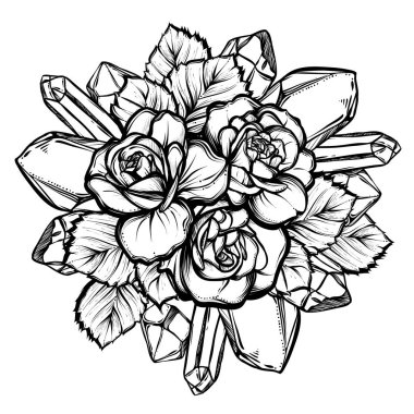 Vektör illüstrasyonu, mistisizm, bir buket gül. Kristaller, arka plan beyaz. El yapımı, tişörtlerdeki parmak izleri, dövmeler.