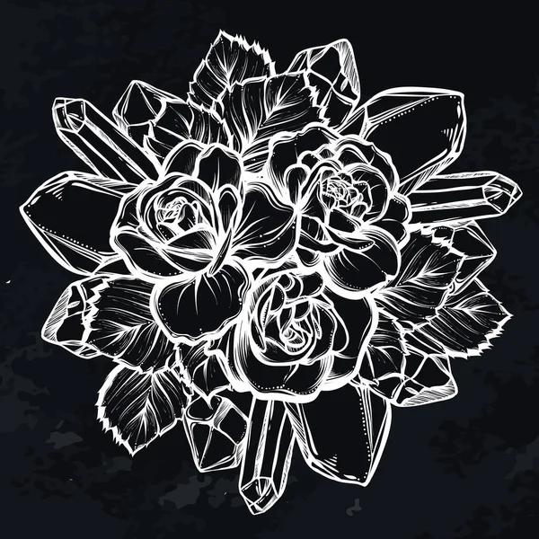 Vektör illüstrasyonu, mistisizm, bir buket gül. Kristaller, arka plan tahtası. El yapımı, tişörtlerdeki parmak izleri.