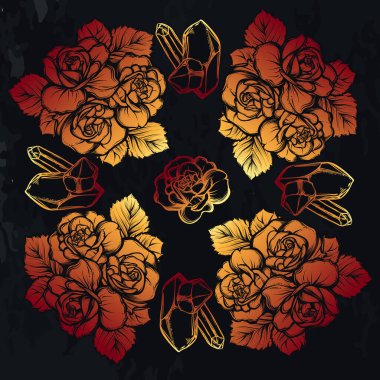 Vektör illüstrasyonu, mistisizm. Kristaller, bir buket gül, karatahta arkaplan, tişörtlerdeki parmak izleri. El yapımı, kırmızı sarı renk