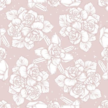 Vektör illüstrasyonu, mistisizm. Kristaller, bir buket gül, pürüzsüz desenler, açık pembe arka plan. El yapımı, tişörtlerdeki parmak izleri.