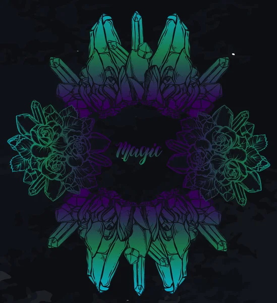 ベクトル図神秘主義 バラの花束 黒板の背景 Tシャツにプリントします 手作り パープルグリーンブルー — ストックベクタ