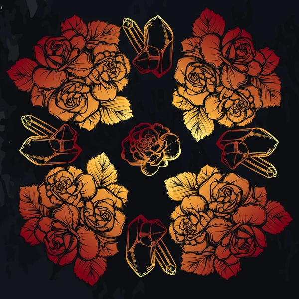 Vektör illüstrasyonu, mistisizm. Kristaller, bir buket gül, karatahta arkaplan, tişörtlerdeki parmak izleri. El yapımı, kırmızı sarı renk