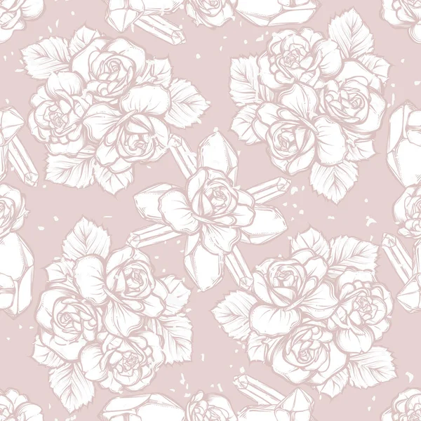 Vektör illüstrasyonu, mistisizm. Kristaller, bir buket gül, pürüzsüz desenler, açık pembe arka plan. El yapımı, tişörtlerdeki parmak izleri.