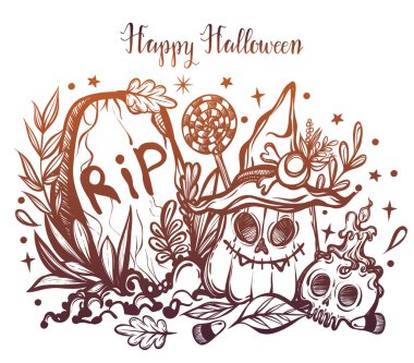 Vektör çizimi, Mutlu Cadılar Bayramı, mezar, balkabağı, cadı şapkası, kafatası, mistisizm, yapraklar, farklı elementler. El yapımı, tişörtlerdeki parmak izleri, arka plan beyazı.