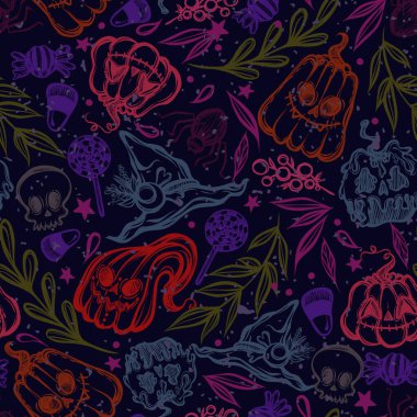 Vektör çizimi, Mutlu Cadılar Bayramı, balkabakları, kafatası, cadı şapkası, mistisizm, yapraklar, farklı elementler. El yapımı, pürüzsüz desen, koyu arkaplan