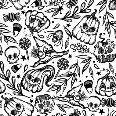 Vektör çizimi, Mutlu Cadılar Bayramı, balkabakları, kafatası, cadı şapkası, mistisizm, yapraklar, farklı elementler. El yapımı, tişörtlerdeki parmak izleri, kusursuz desen, açık arkaplan.